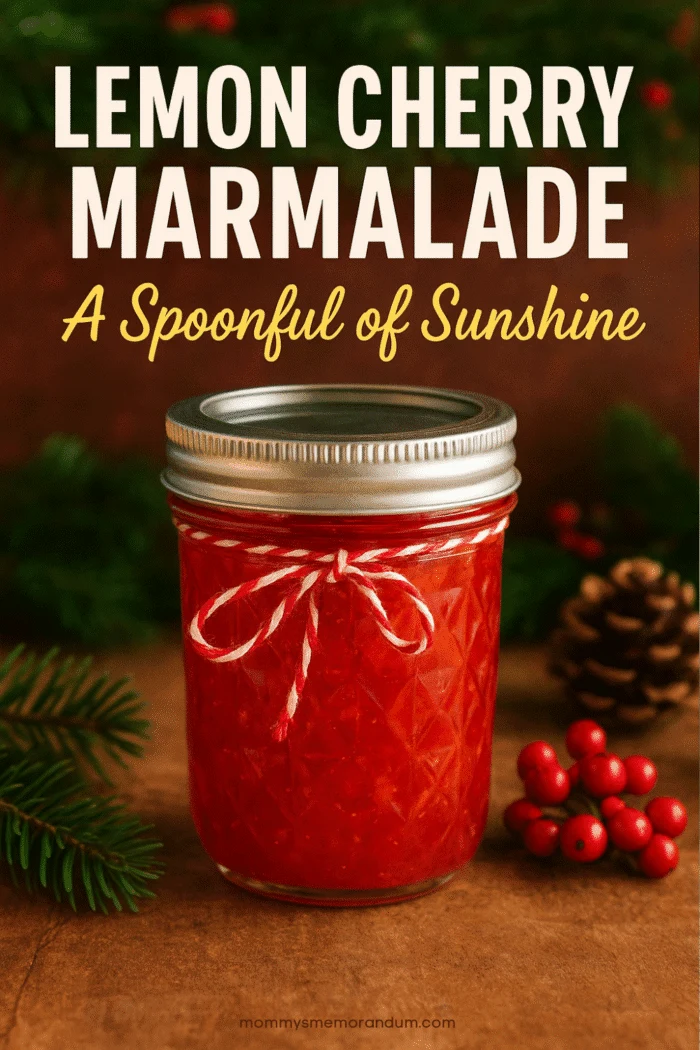Jar of homemade Lemon Cherry Marmalade glowing with ruby and gold tones on a wooden surface
