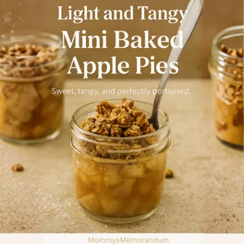 Mini baked apple pie served in a clear mason jar, layered with golden apple filling and granola topping. A spoon rests inside the jar, with warm autumn tones and a second jar blurred in the background.