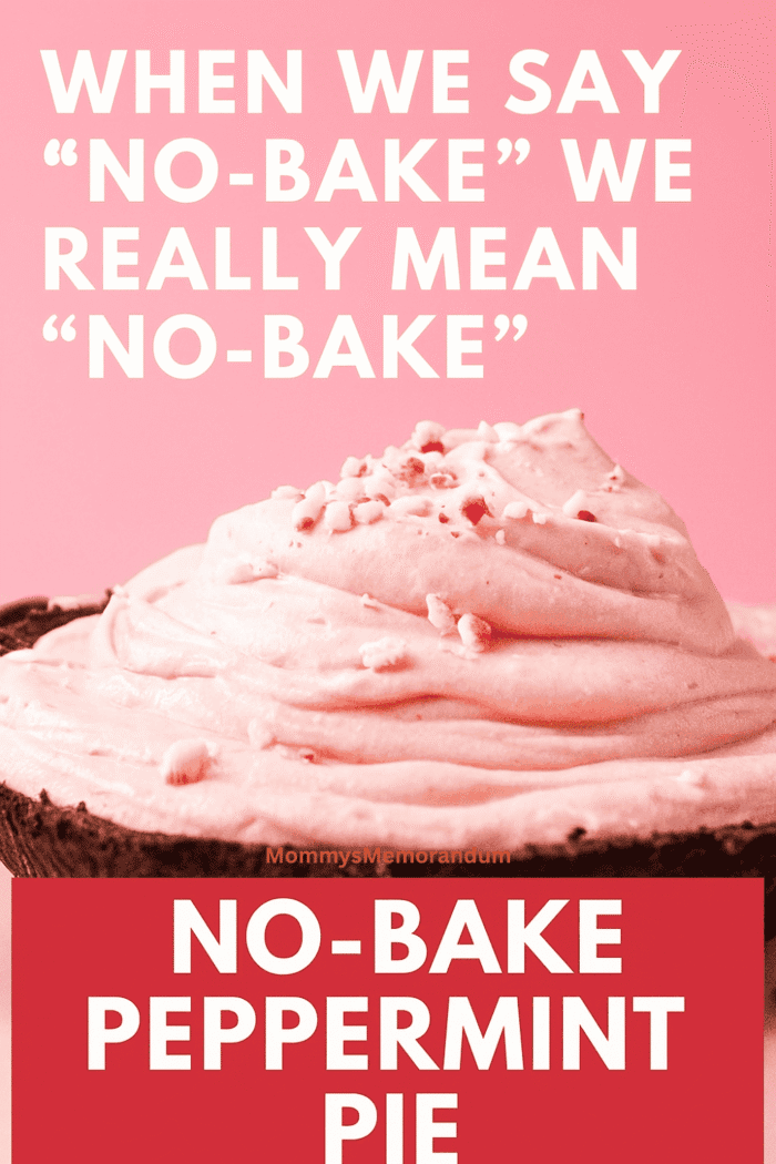No-Bake Peppermint Pie filled with creamy peppermint mousse in a chocolate crust, topped with crushed candy canes.
