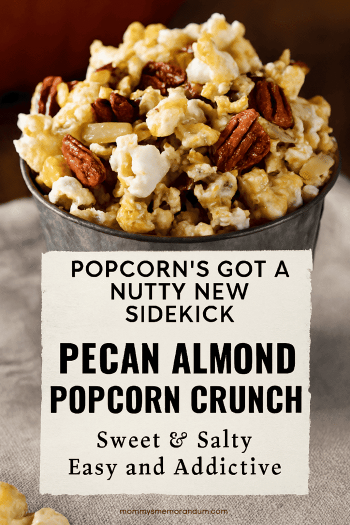 Pecan Almond Popcorn Crunch Close-up of caramel-coated popcorn mix with pecans and almonds in a rustic tin, styled with cozy textures and warm lighting.