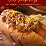 A Coney Island Chili Cheese dog is a hot dog topped with chili, cheese, mustard, and onions. Say buh-bye to boiled hot dogs and serve these instead!