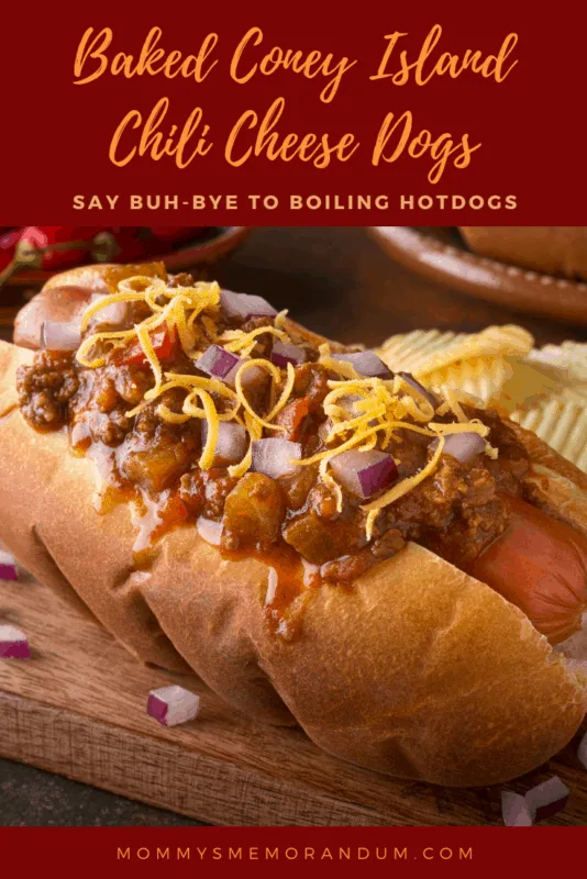 Baked Coney Island chili cheese dog topped with chili, cheese, mustard, and onions for an easy cookout meal