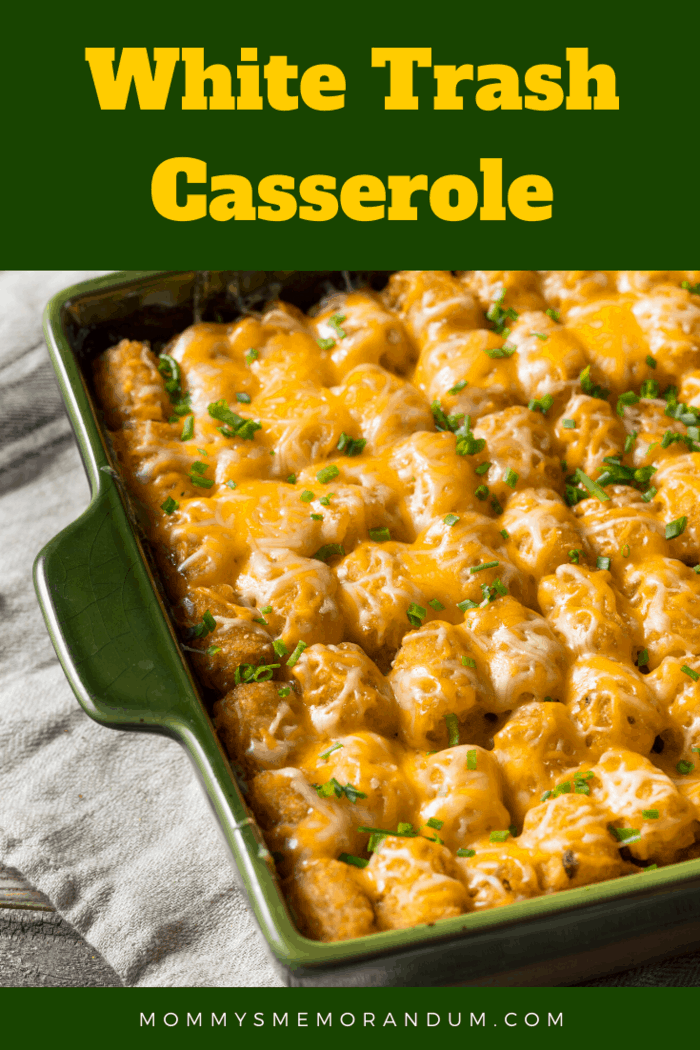 Delicious easy white trash casserole featuring ground beef and tater tots in a vibrant green dish