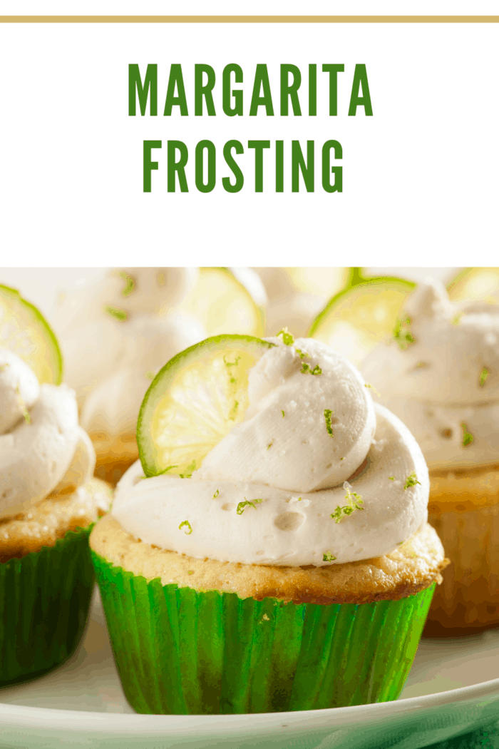 Easy margarita frosting close-up on a cupcake, topped with a candied lime slice for decoration