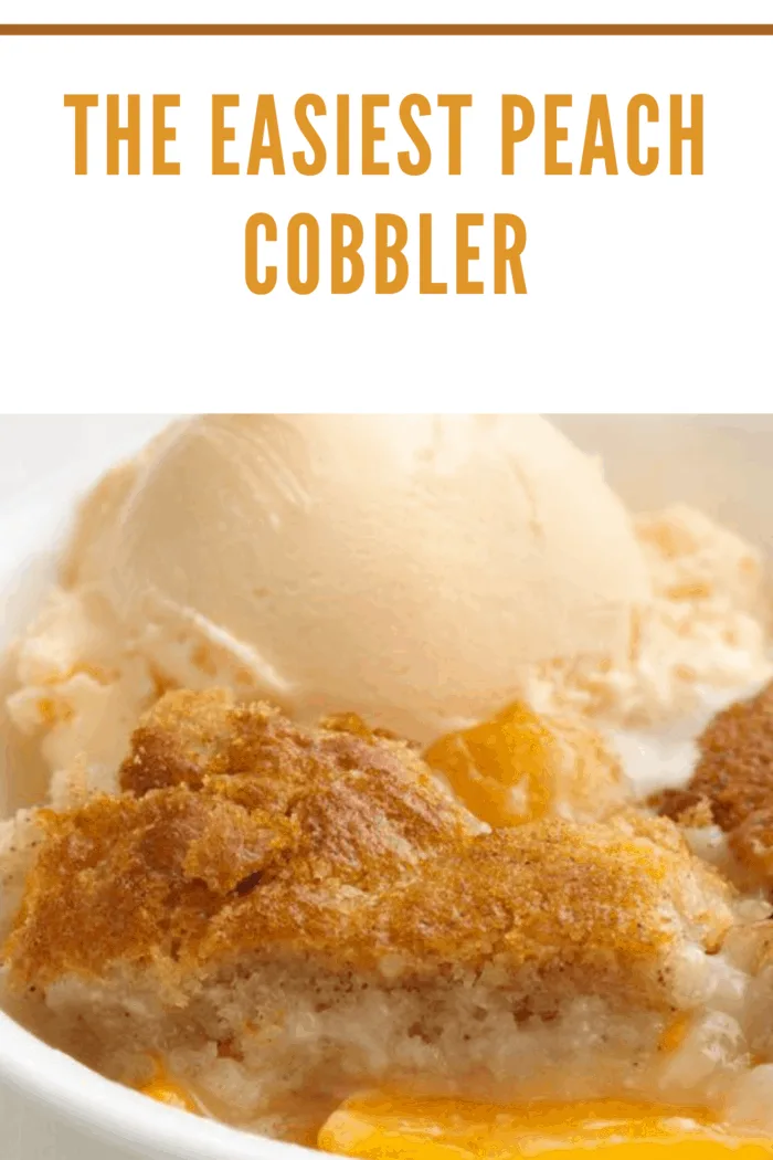 easy peach cobbler in bowl being served with vanilla ice cream