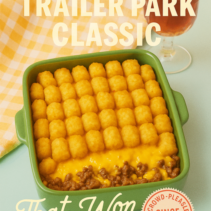A vibrant green casserole dish filled with a golden-baked tater tot casserole, layered with ground beef and melted cheese. Beside it sits a glass of red wine and a yellow checkered cloth. Text overlay reads: “The Trailer Park Classic That Won Dinner” and “Crowd-Pleasr Since Always.”