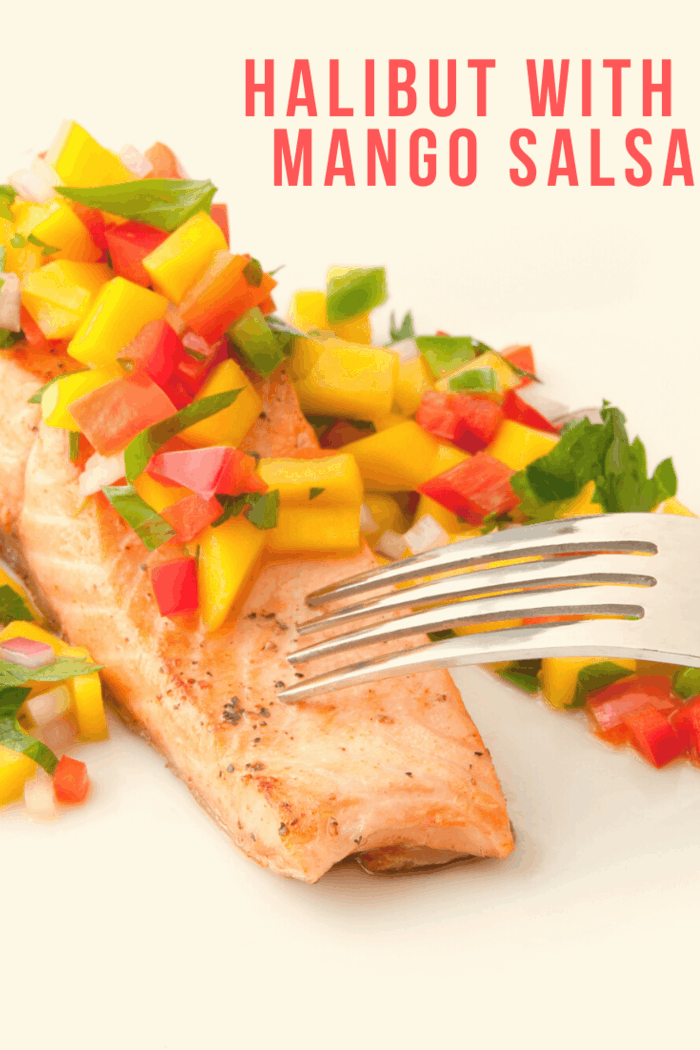 Grilled Halibut and Fresh Mango Salsa with fork digging in