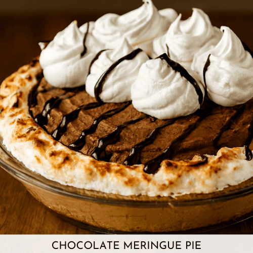 Close-up image of a Chocolate Meringue Pie in a glass pie dish with a toasted meringue crust, whipped chocolate mousse filling, chocolate drizzle, and piped whipped cream swirls. Styled with natural lighting and shallow depth of field to highlight texture and detail.