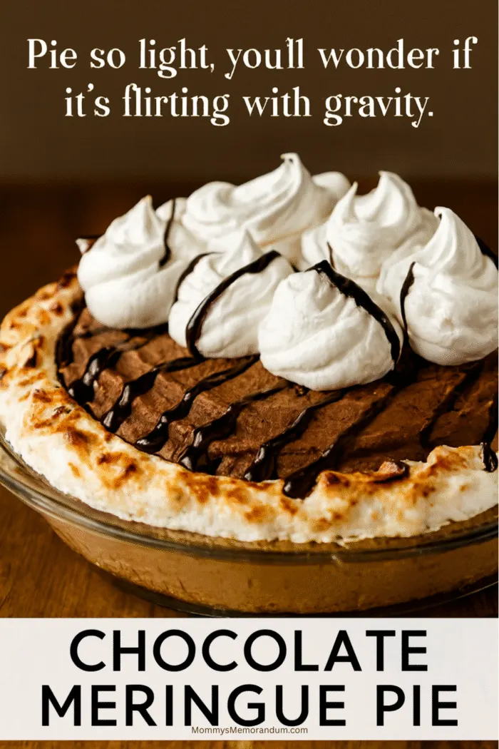 Chocolate Meringue Pie in glass dish with toasted meringue crust, whipped chocolate mousse filling, chocolate drizzle, and piped whipped cream swirls