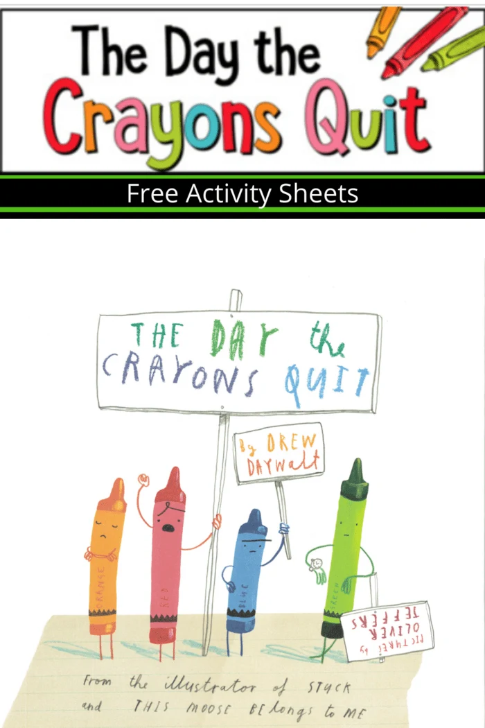 Cover image of 'The Day the Crayons Quit' featuring colorful crayon characters holding signs with the book title and author's name.