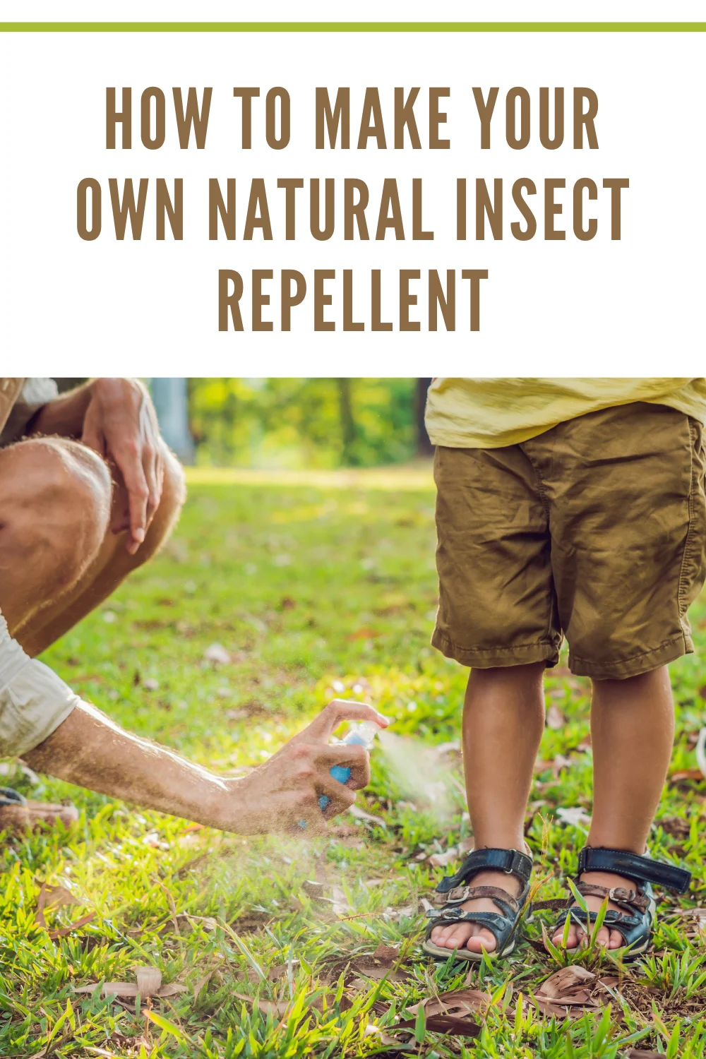 dad spraying son's legs with natural insect repellent