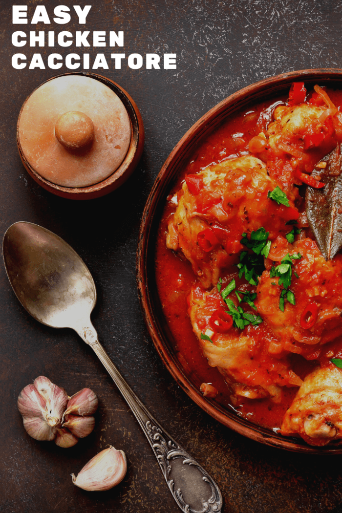 This easy chicken cacciatore is a classic Italian Dish with tomatoes, onions, garlic and braised chicken.