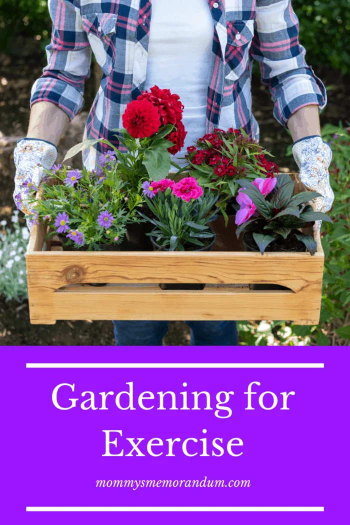 woman who enjoys gardening carrying flowers in wooden box crate