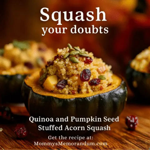 lose-up of roasted acorn squash stuffed with quinoa, dried cranberries, diced apples, and toasted pumpkin seeds, styled on a rustic table with warm autumn lighting.