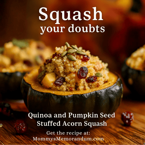 lose-up of roasted acorn squash stuffed with quinoa, dried cranberries, diced apples, and toasted pumpkin seeds, styled on a rustic table with warm autumn lighting.