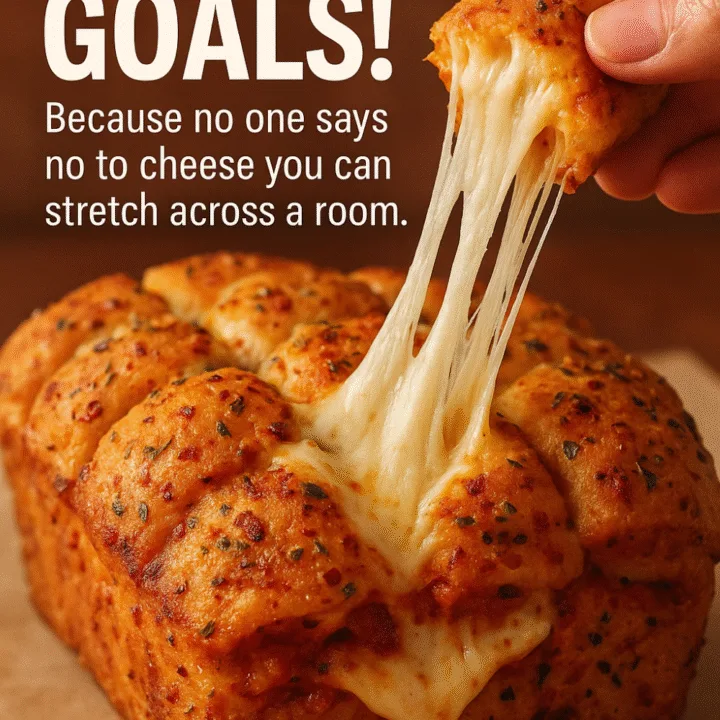 Close-up of pull apart pizza bread with melted cheese stretching from a hand-pulled piece, highlighting the gooey, golden, cheesy texture.