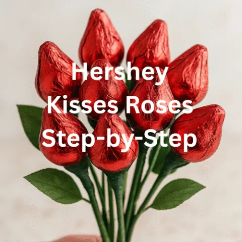 Hand holding a bouquet of nine handmade Hershey Kisses Roses with red foil rosebuds and green stems, styled for a Valentine&rsquo;s Day craft tutorial.