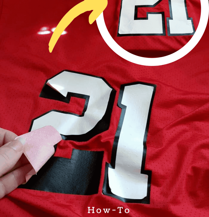 Step-by-step process to repair peeling numbers on a red sports jersey using household items.