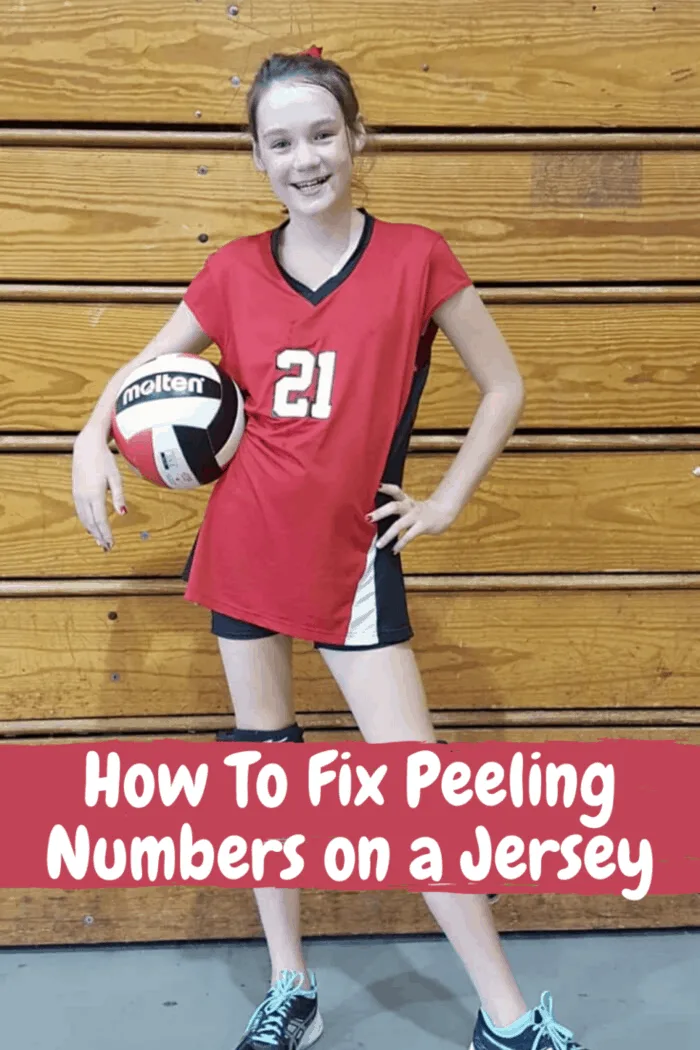 girl in vollyball uniform with repaired jersey