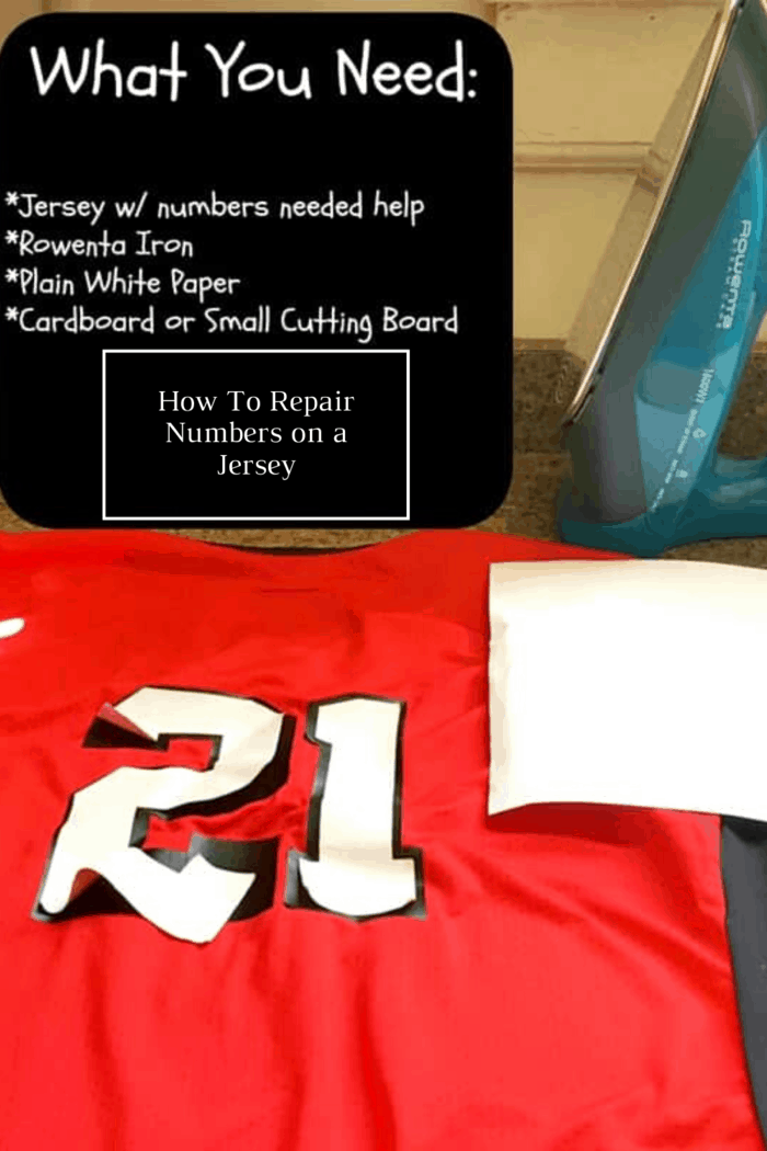 Items needed to repair peeling numbers on a red sports jersey: iron, paper, cardboard.