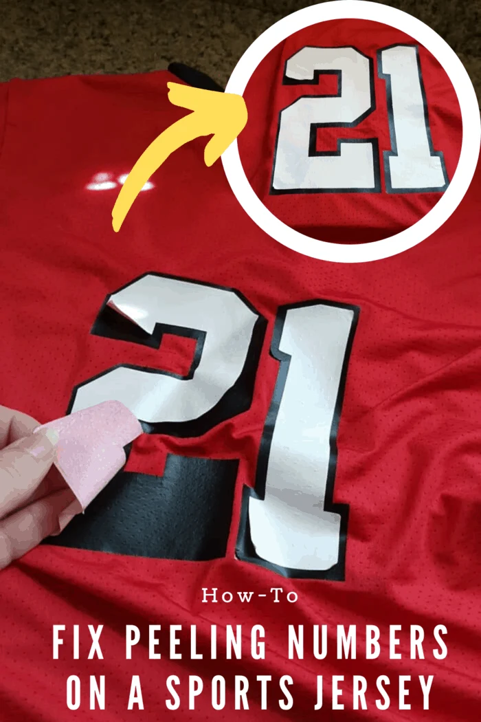 Step-by-step process to repair peeling numbers on a red sports jersey using household items.