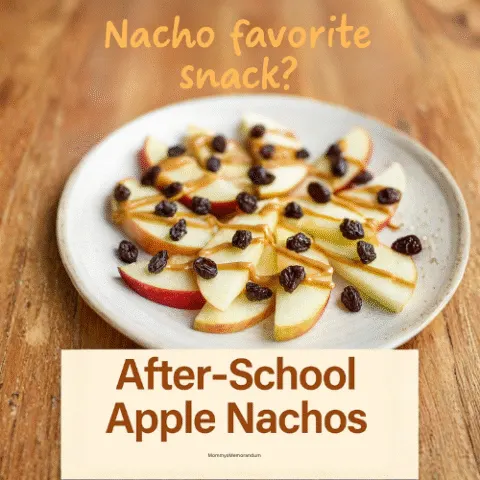 Close-up of apple wedge nachos on a white plate, drizzled with peanut butter and topped with Raisinettes. A playful snack idea for kids, styled with warm lighting and cozy textures, perfect for after-school or game night.