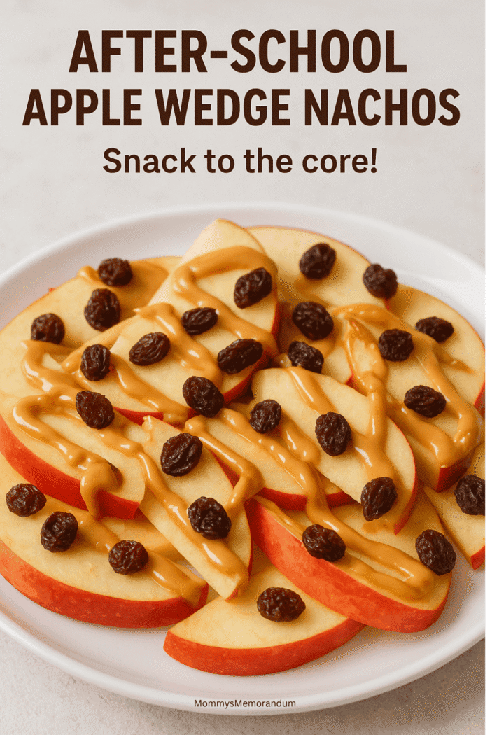 After-School Apple Wedge Nachos Recipe After-School Apple Wedge Nachos on a white plate with fresh apple slices, warm peanut butter drizzle, and Raisinettes. Canon EOS R10 macro-style clarity.