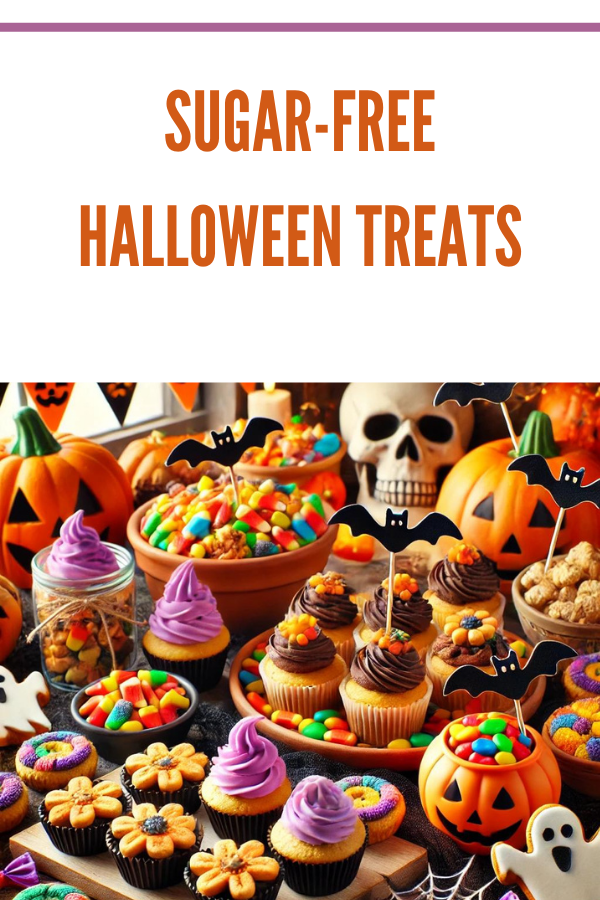 Sugar-free Halloween cupcakes and candies displayed on a table, ideal for a healthier Halloween.