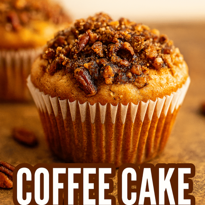 Close-up of a golden-brown coffee cake muffin topped with pecans and toffee bits, styled on a rustic wooden surface with warm lighting. Text overlay reads &ldquo;Take Your Muffin Break to the Next Brew &ndash; Coffee Cake Muffins.&rdquo; Perfect for cozy holiday baking and brunch inspiration.