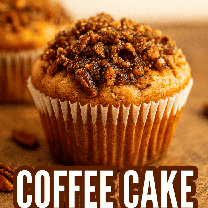 Close-up of a golden-brown coffee cake muffin topped with pecans and toffee bits, styled on a rustic wooden surface with warm lighting. Text overlay reads “Take Your Muffin Break to the Next Brew – Coffee Cake Muffins.” Perfect for cozy holiday baking and brunch inspiration.