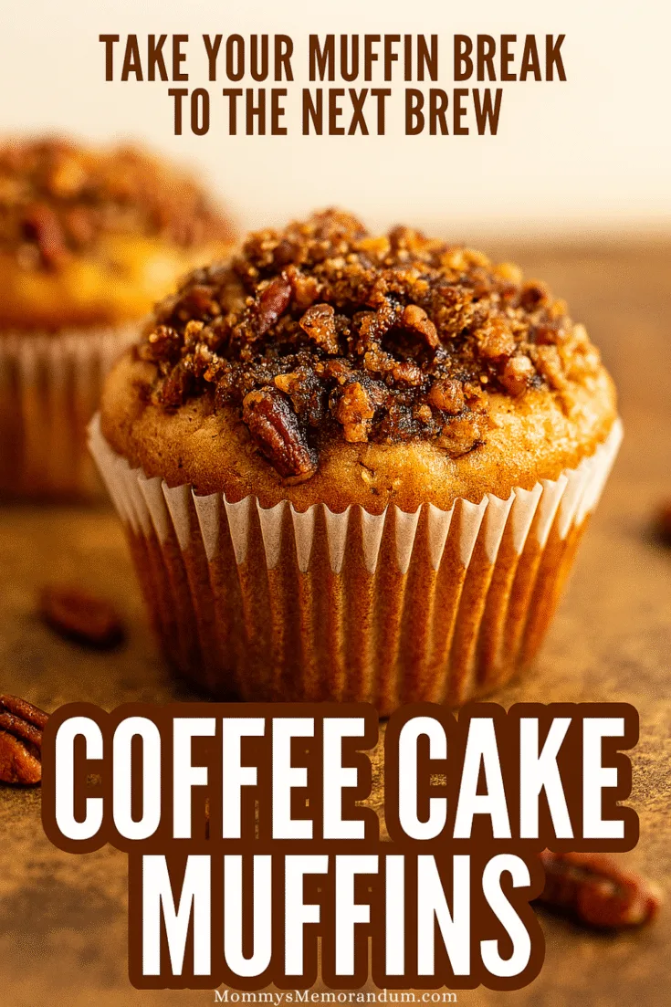 Close-up of a golden-brown coffee cake muffin topped with pecans and toffee bits, styled on a rustic wooden surface with warm lighting. Text overlay reads &ldquo;Take Your Muffin Break to the Next Brew &ndash; Coffee Cake Muffins.&rdquo; Perfect for cozy holiday baking and brunch inspiration.