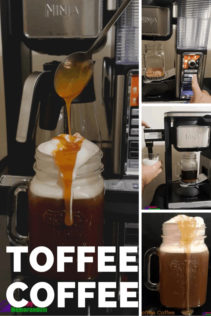 Collage of images showing the step-by-step process of making toffee coffee with caramel drizzle using a Ninja coffee machine.