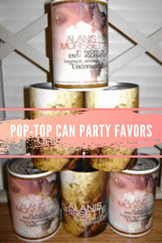 Use these party favors as decorations. We once hosted an Alanis Morrissette album launch party and made pop-top can party favors with the outside as the label to add some fun.