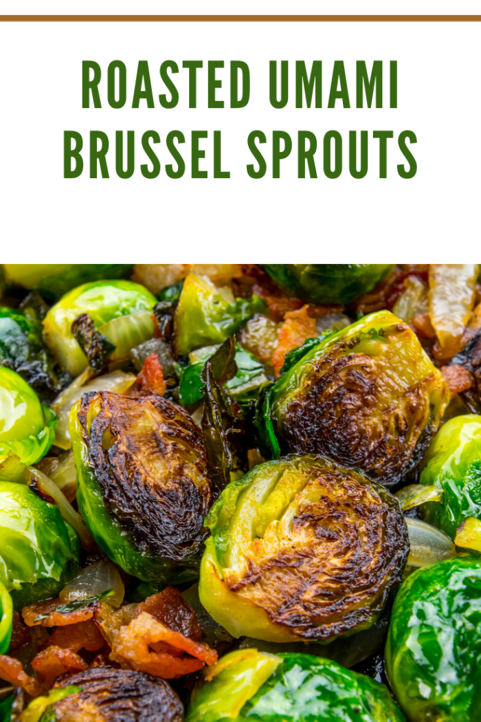 Roasted Brussels sprouts with umami sauce, honey, garlic, and ginger, showing crispy texture and rich color