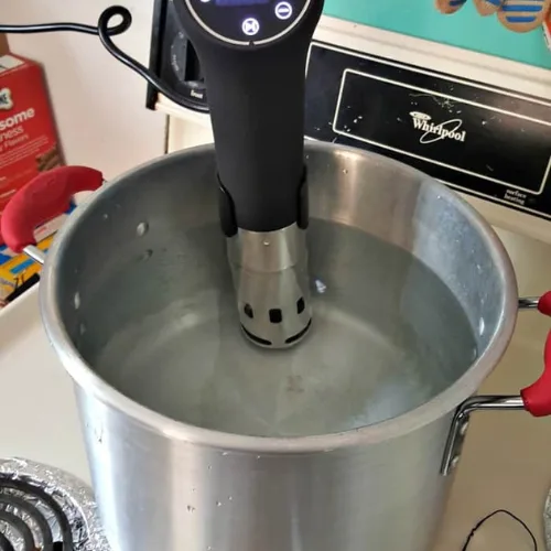 Setting up a sous vide bath with temperature control for cooking New York Strip steaks