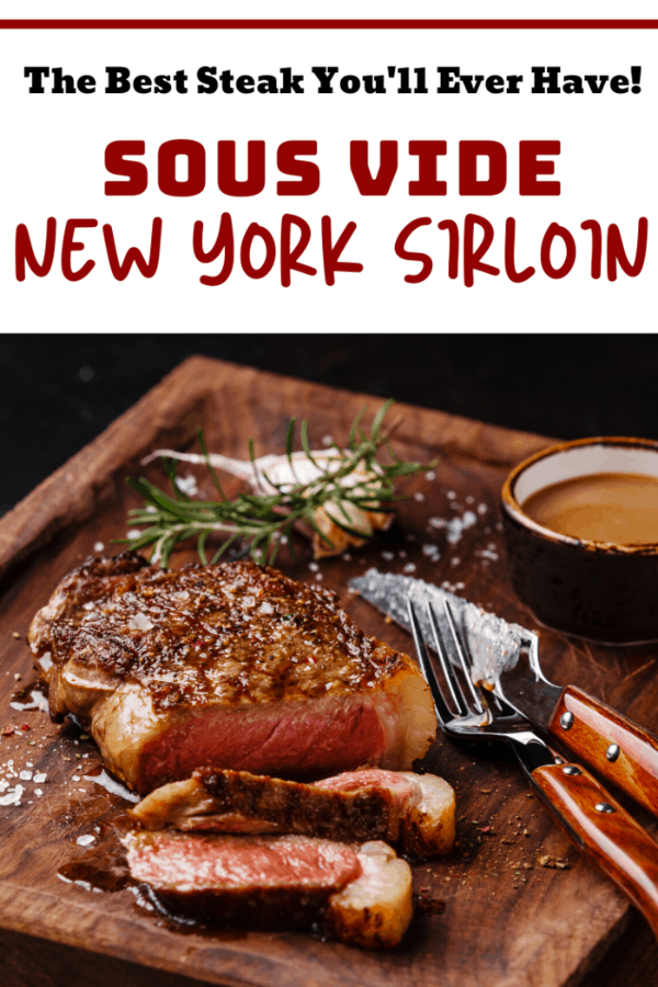 Perfectly cooked sous vide New York Strip steak on a cutting board, garnished and ready to serve