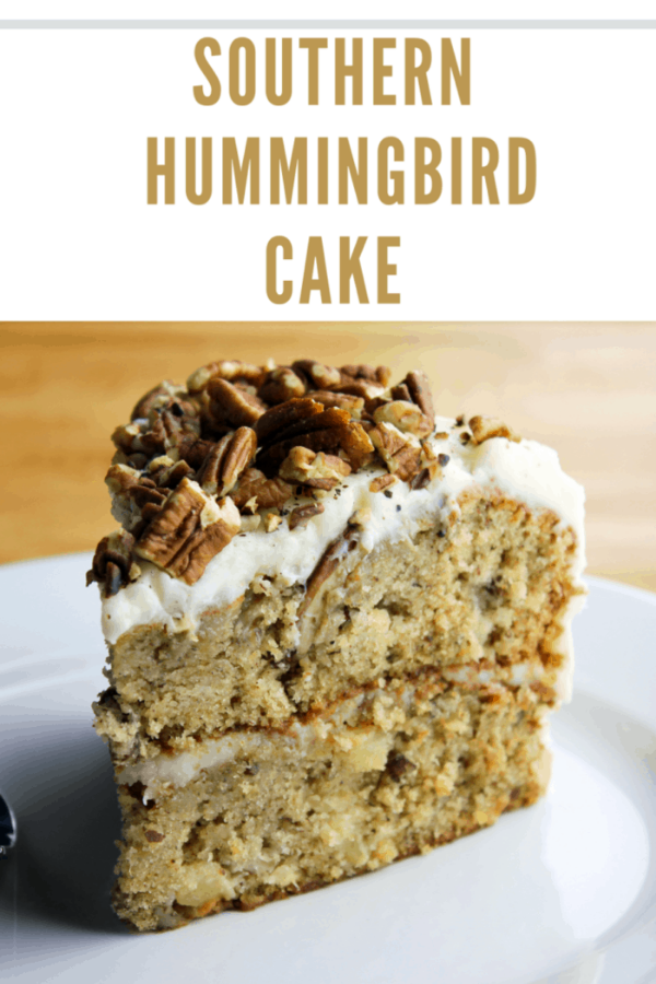 Southern Hummingbird Cake with banana, pineapple, and pecans, topped with cream cheese frosting