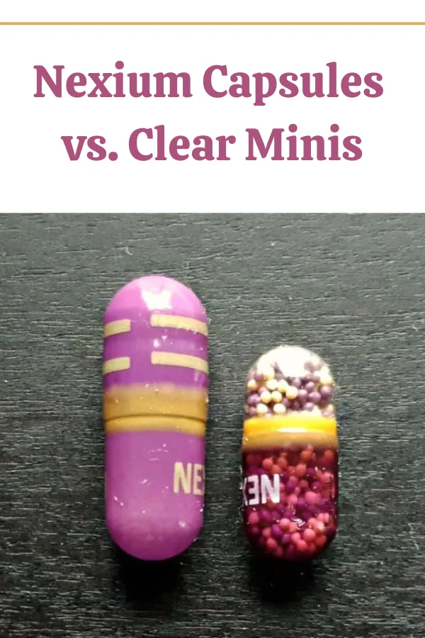 Nexium Clear Mini next to a regular Nexium capsule, highlighting the size difference for heartburn relief.