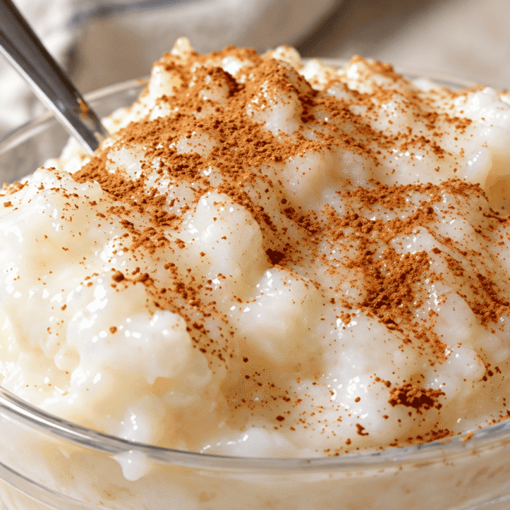 Creamy homemade Instant Pot rice pudding in a clear glass bowl, sprinkled with cinnamon and served with a spoon.