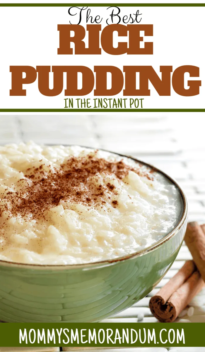 A bowl of creamy rice pudding sprinkled with cinnamon, titled 'The Best Rice Pudding in the Instant Pot' on mommysmemorandum.com.