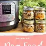 Instant Pot and several mason jars filled with homemade dog food, placed on a wooden table outdoors.
