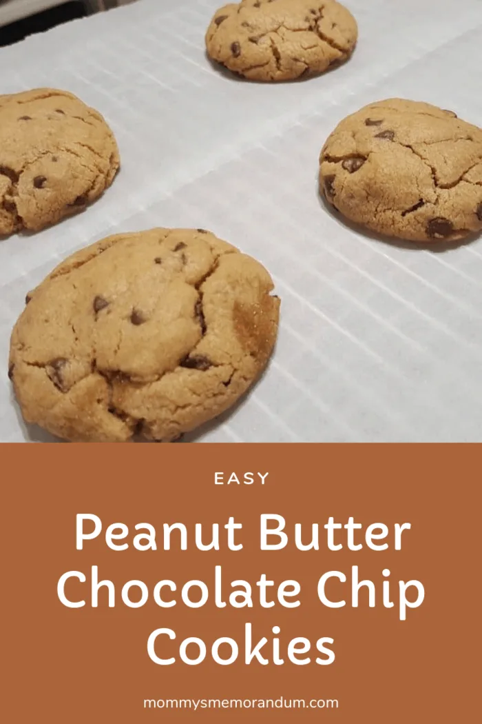 These Peanut Butter Chocolate Chip cookies out of the oven, warm--they are my guilty pleasure. More of a chocolate chip cookie texture than peanut butter cookies; these cookies are the best of both worlds.