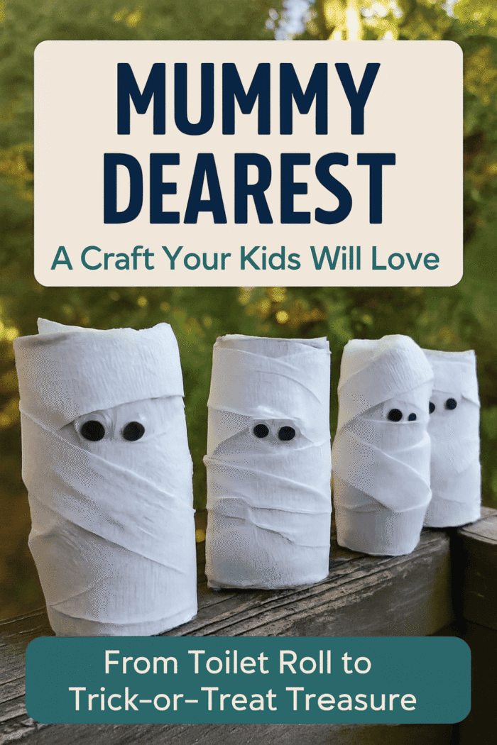 Four toilet paper roll mummy crafts wrapped in white crepe paper with googly eyes, displayed on a wooden railing outdoors with a blurred green background.