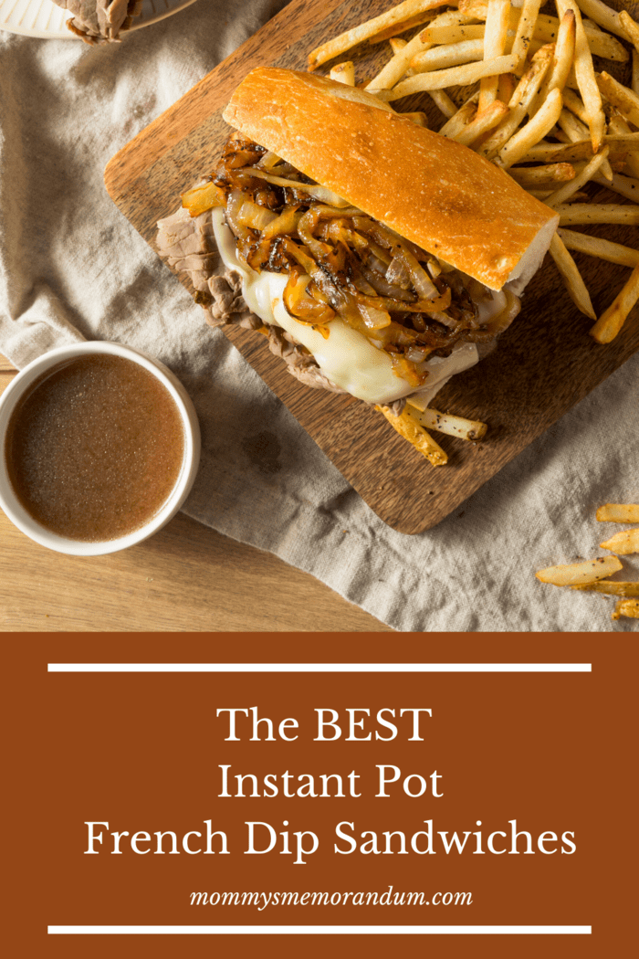 The Best Instant Pot French Dip Sandwiches are waiting. Tender, juicy meat topped with ooey-gooey cheese and nestled inside a toasted grinder. Dip in the homemade au jous for an incredible drool-worthy meal #frenchdip #instantpotfrenchdip #frenchdipsandwiches
