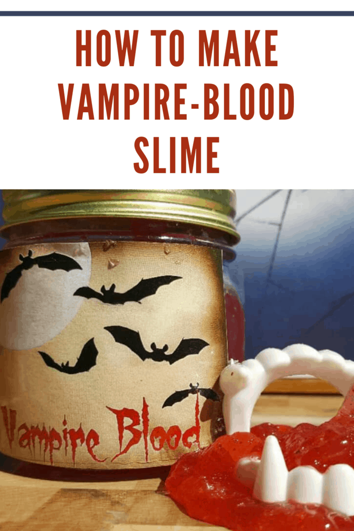 Jar of edible vampire blood slime with label with bats and a full moon
