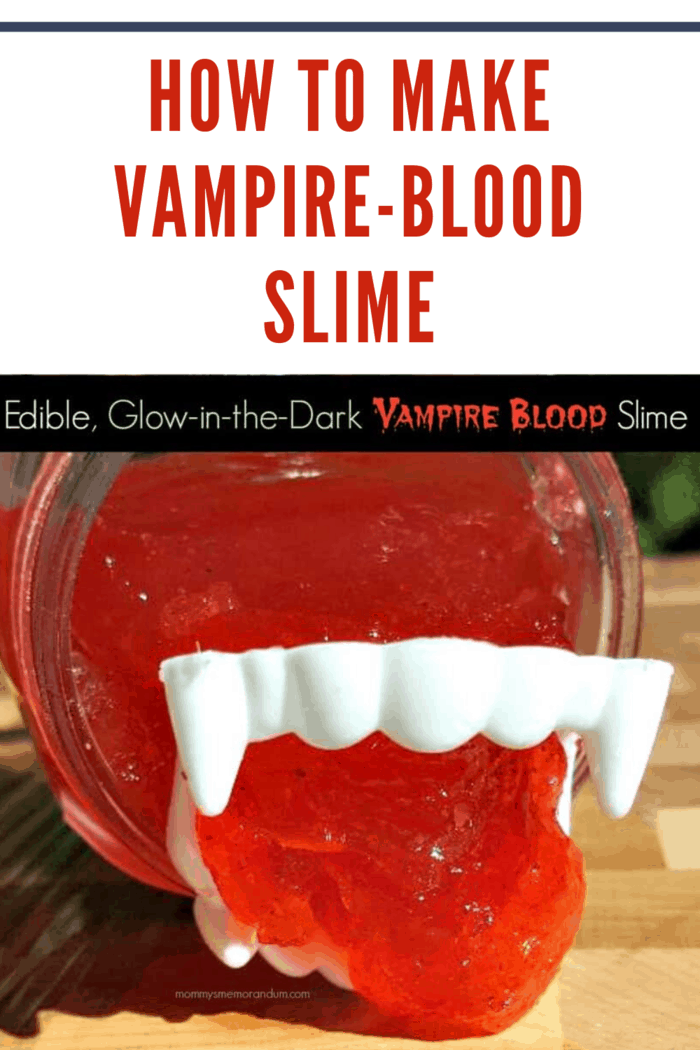 Edible Glow-In-The-Dark Vampire Blood Slime glowing bright red under black light, ideal for spooky Halloween fun