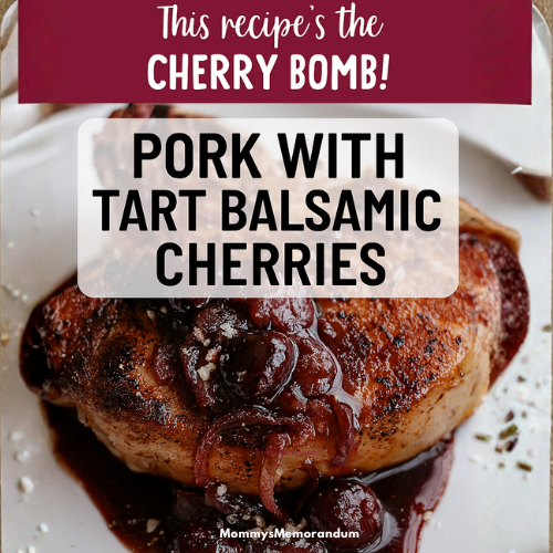 Bone-in pork chop topped with glossy balsamic cherry sauce, garnished with Parmesan and served on a white plate. Styled for Pinterest with cheeky tagline overlay: “This recipe’s the CHERRY BOMB!”