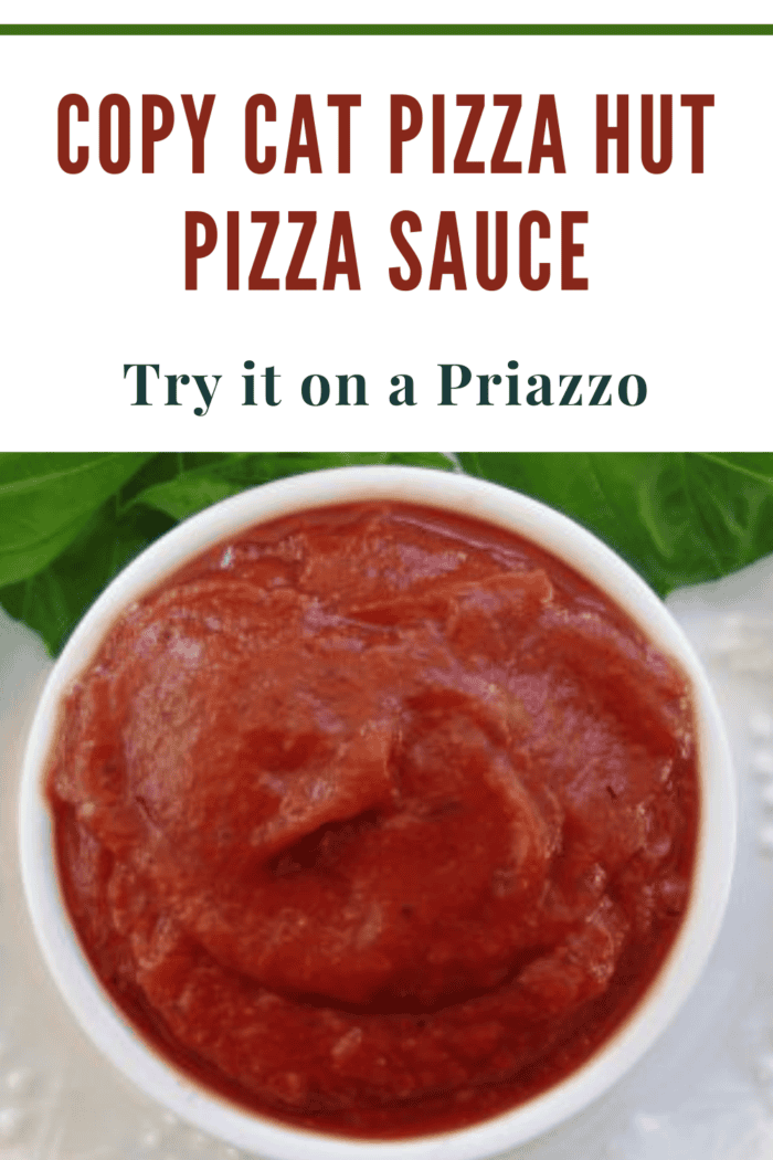 Close-up of a bowl filled with rich, homemade pizza sauce, replicating Pizza Hut's signature flavor, with text overlay reading Copy Cat Pizza Hut Pizza Sauce.