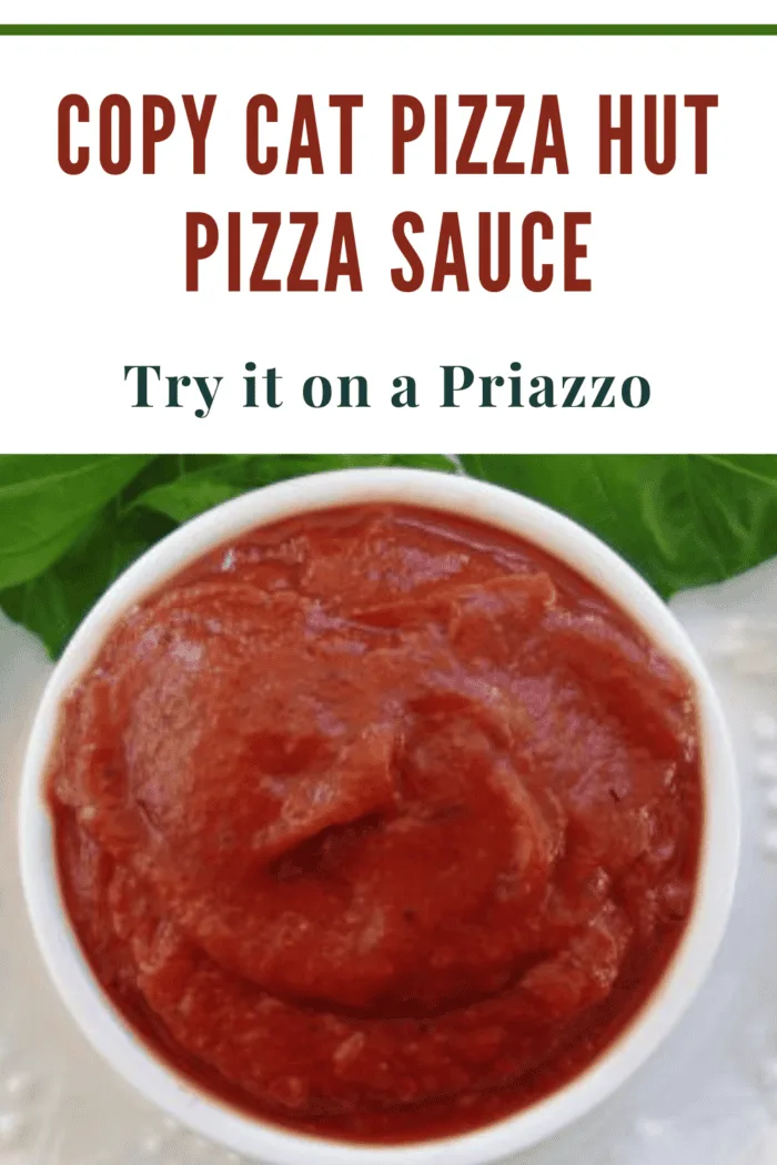 Close-up of a bowl filled with rich, homemade pizza sauce, replicating Pizza Hut's signature flavor, with text overlay reading Copy Cat Pizza Hut Pizza Sauce.
