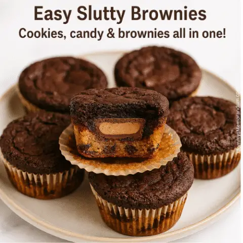 Close-up image of Easy Slutty Brownies styled on a ceramic plate, showing distinct layers of cookie dough, peanut butter cup, and brownie. Text overlay reads &ldquo;Chaos Made Sweet &ndash; Easy Slutty Brownies: Cookies, candy & brownies all in one!&rdquo;